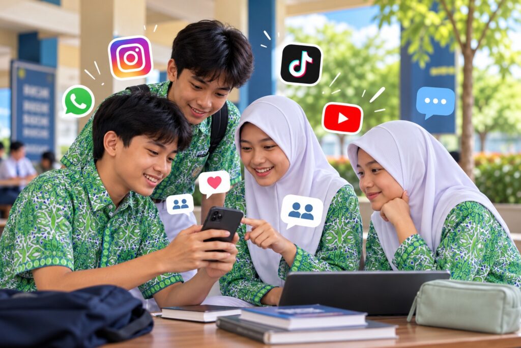 Murid SMP Islam Al Azhar 3 Bintaro sedang bermain media sosial