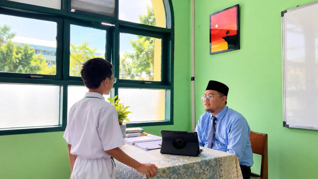 Murid SMP Islam Al Azhar 3 Bintaro sedang membacakan hafalan bersama guru tahfizh