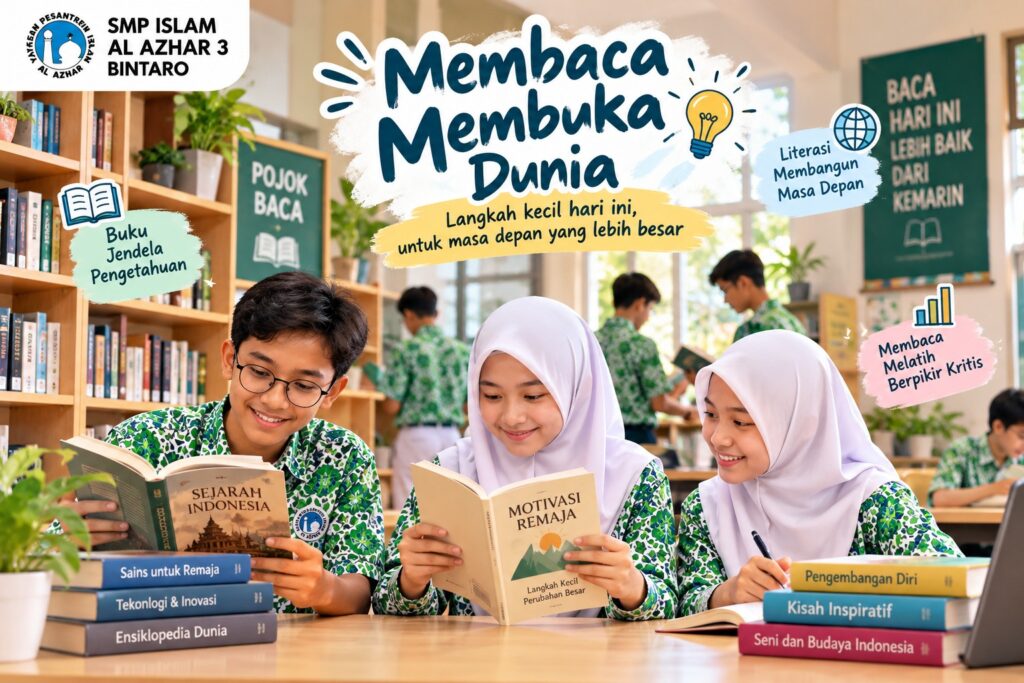 Kebiasaan membaca sejak remaja membantu murid SMP Islam Al Azhar 3 Bintaro memperluas wawasan, meningkatkan literasi, dan melatih kemampuan berpikir kritis