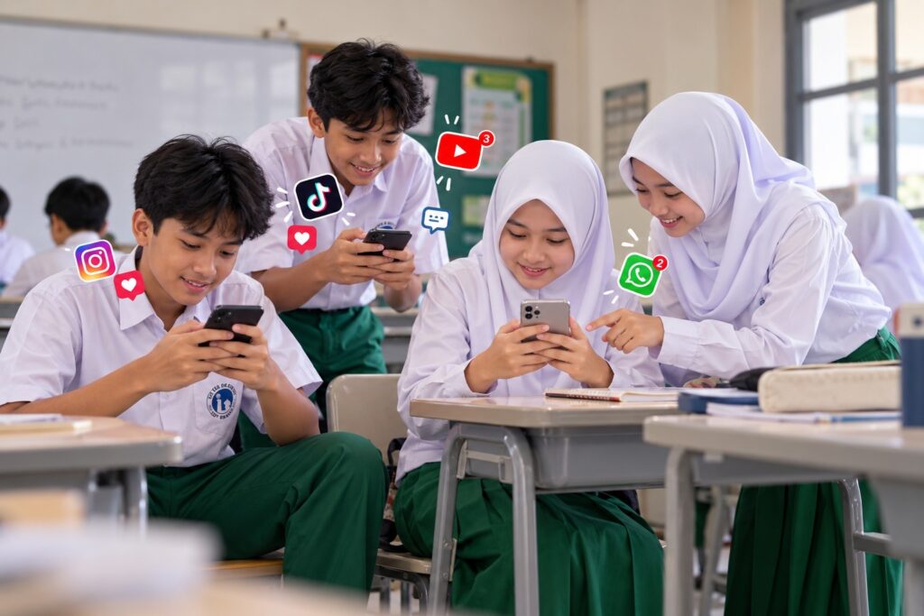 Murid SMP Islam Al Azhar 3 Bintaro bermain media sosial melalui handphone