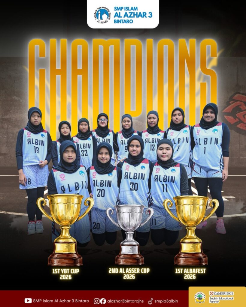 Tim basket putri SMP Islam Al Azhar 3 Bintaro berfoto bersama dengan tiga trofi prestasi YBT Cup 2026, Al Asser Cup 2026, dan Albafest 2026